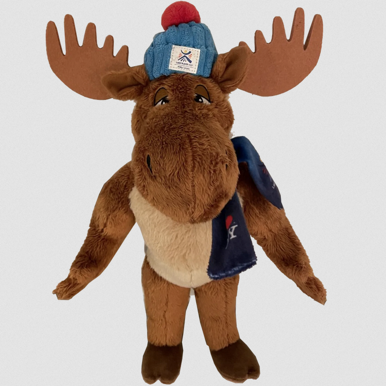 A stuffed toy of a moose mascot wearing a winter hat and scarf