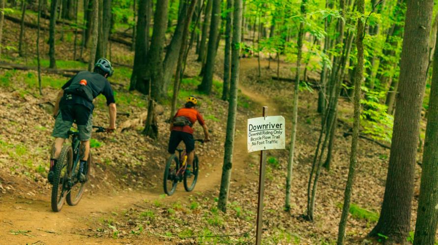 A couple mountain bikers setting off to ride a trail