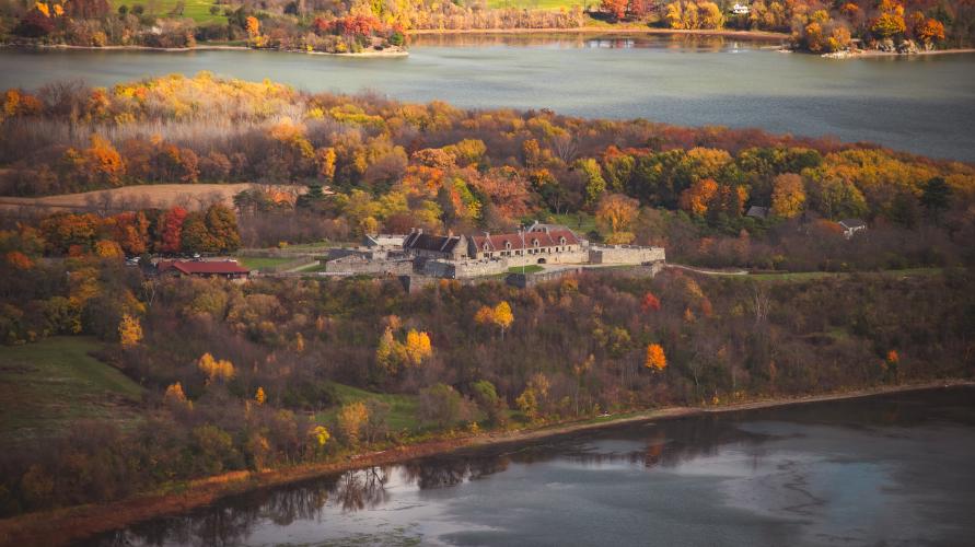 An aerial view of Fort Ticonderoga during the fall.