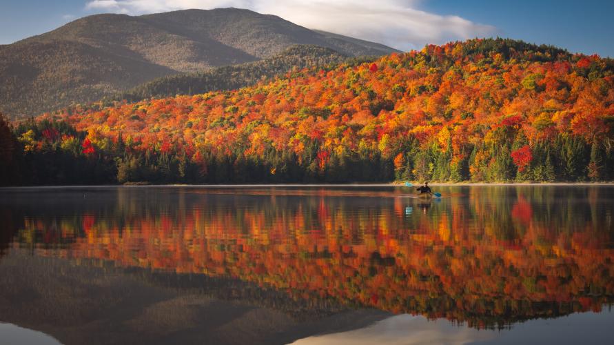 Photo of mountains covered in bright fall foliage reflected in a placid lake.