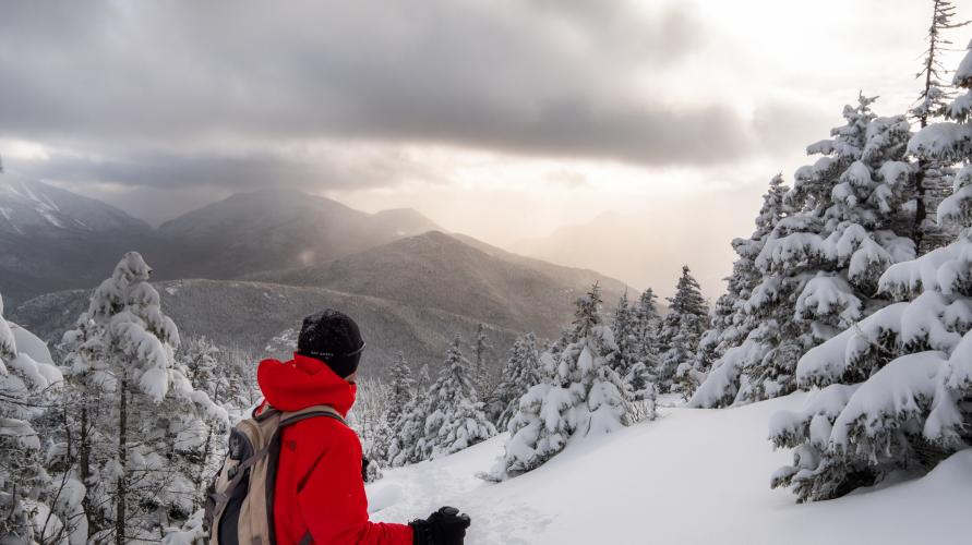 A person standing in front of a wintery landscape while snowshoeing. 