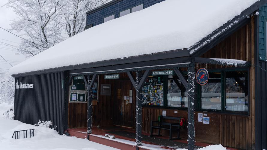 The entrance to the Mountaineer shop in Keene Valley during the winter.