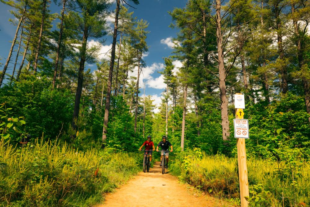 Two men ride bikes on a dirt trail.