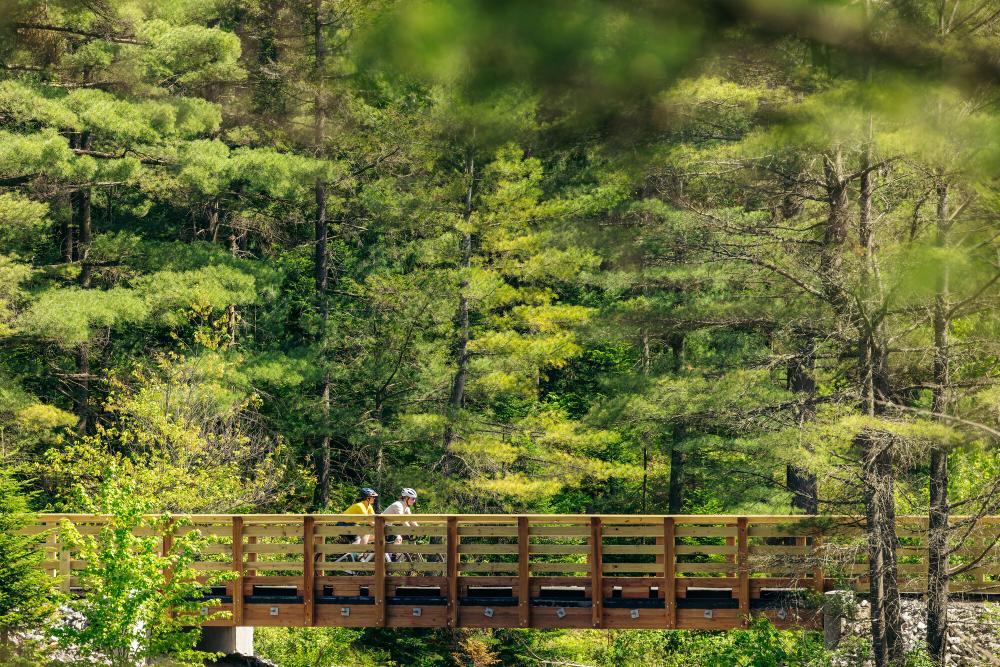 Bikers ride over bridge on rail trail