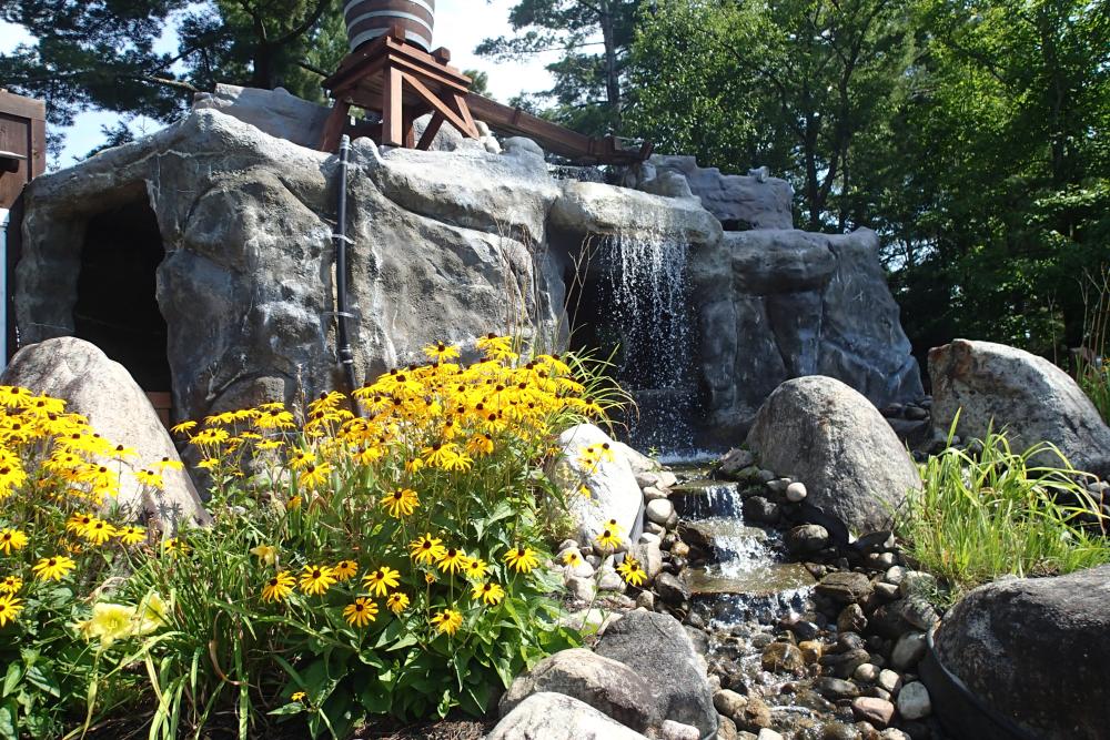 Part of the scenery at Boots and Birdies. Photo by Evie, age 6. Black-eyed susan flowers in front of a rocky waterfall feature on a mini golf course.