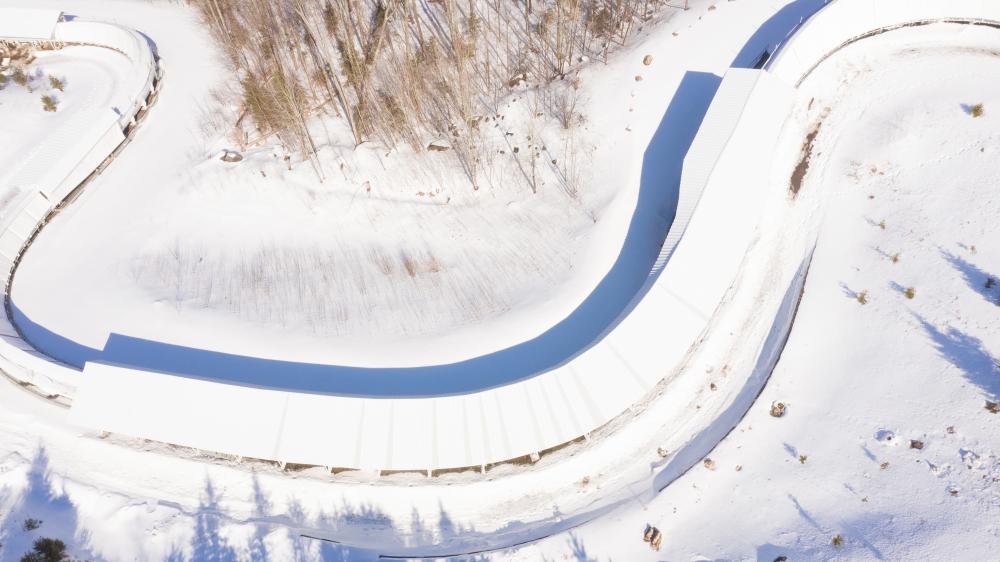 Aerial view of a portion of the famed 1932 and 1980 Winter Olympic bobsled track in Lake Placid