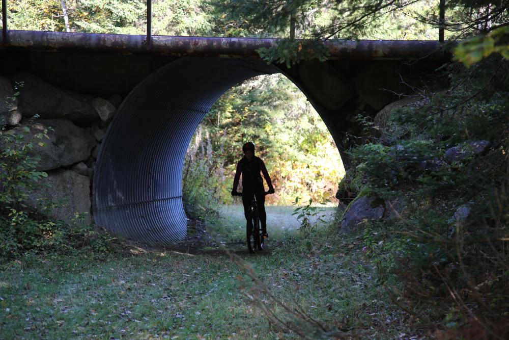 There are plenty of other activities here A biker rides under a bridge