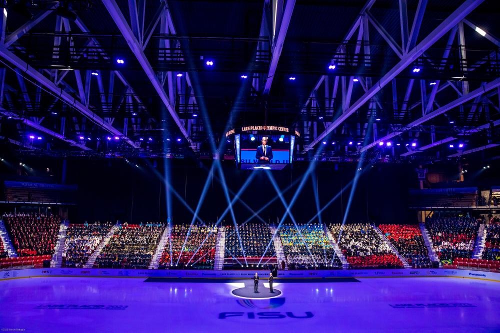 1980 Herb Brooks ice hockey arena filled with bright and colorful lights