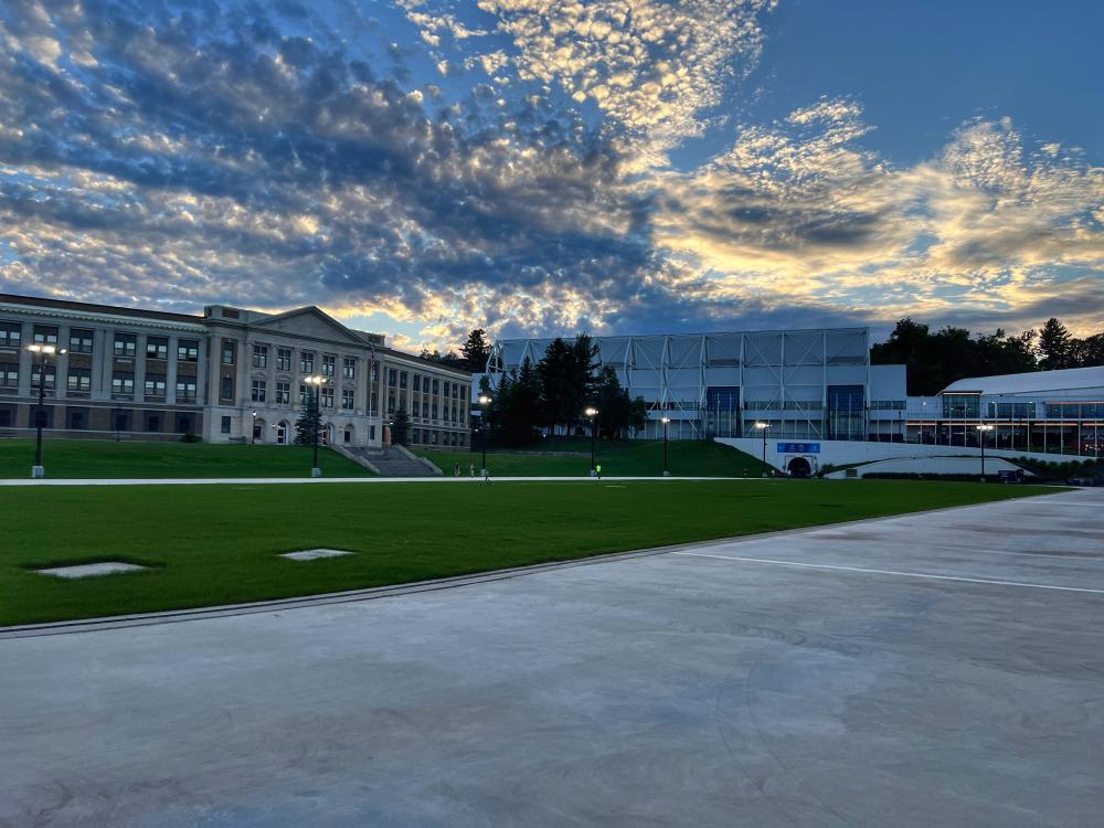 The Lake Placid High School and Olympic Center overlook the Olympic Speedskating Oval.