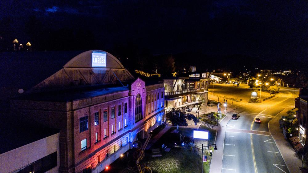 The Olympic Center on Main Street, Lake Placid at night.