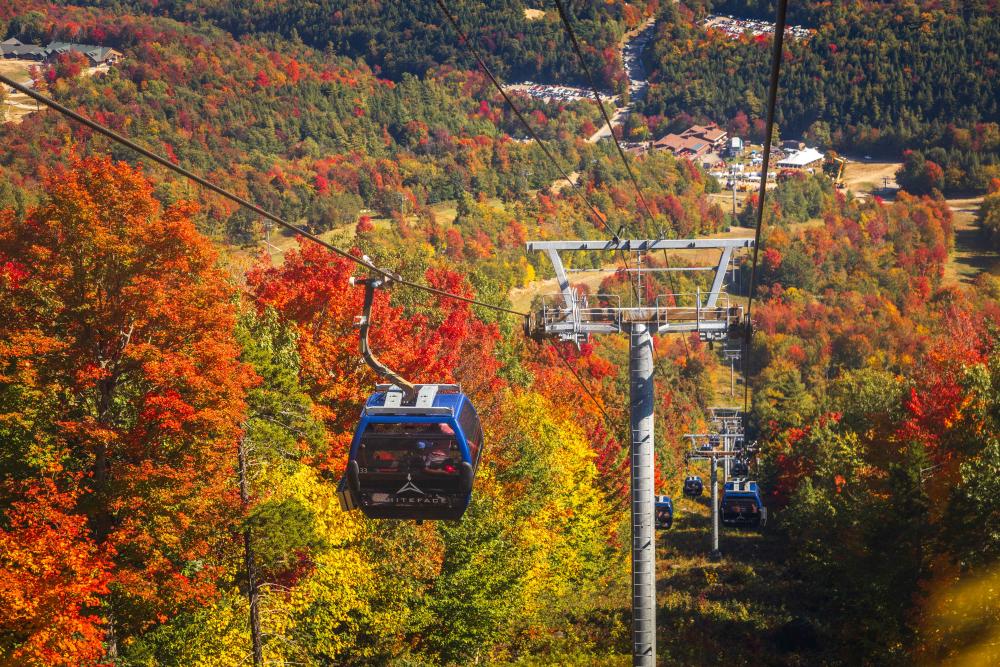 An aerial view of the Cloudspitter Gondola surrounded by autumn leaves and a view of Whiteface Lodge.