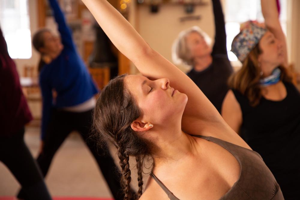 A group of women practiced yoga.