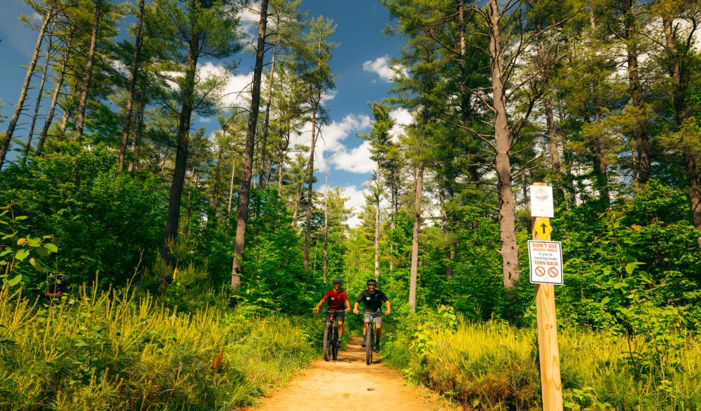 Two men ride bikes on a dirt trail.