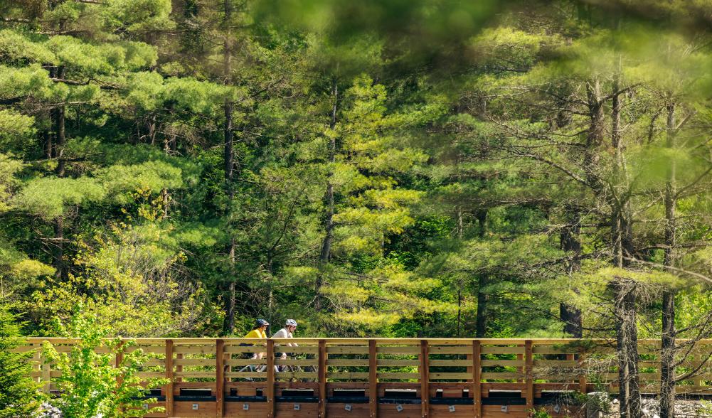 Bikers ride over bridge on rail trail