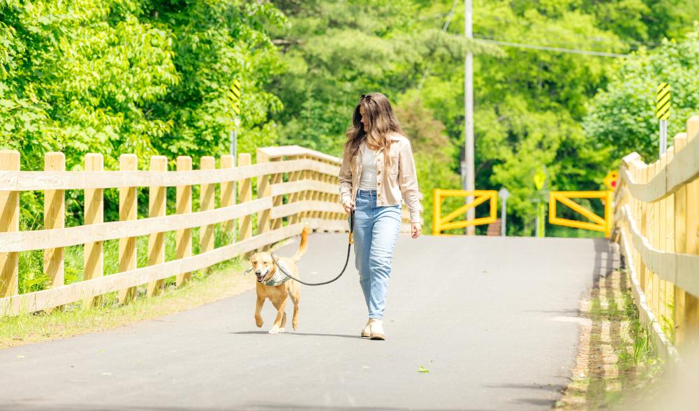 A woman walks her dog on the Adirondack Rail Trail.