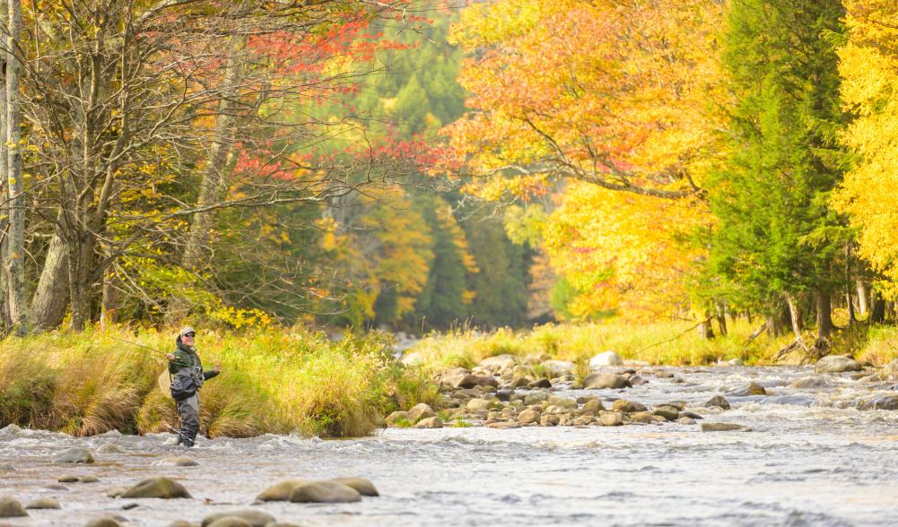 A man smiling while fly fishing and standing in the Ausable River.