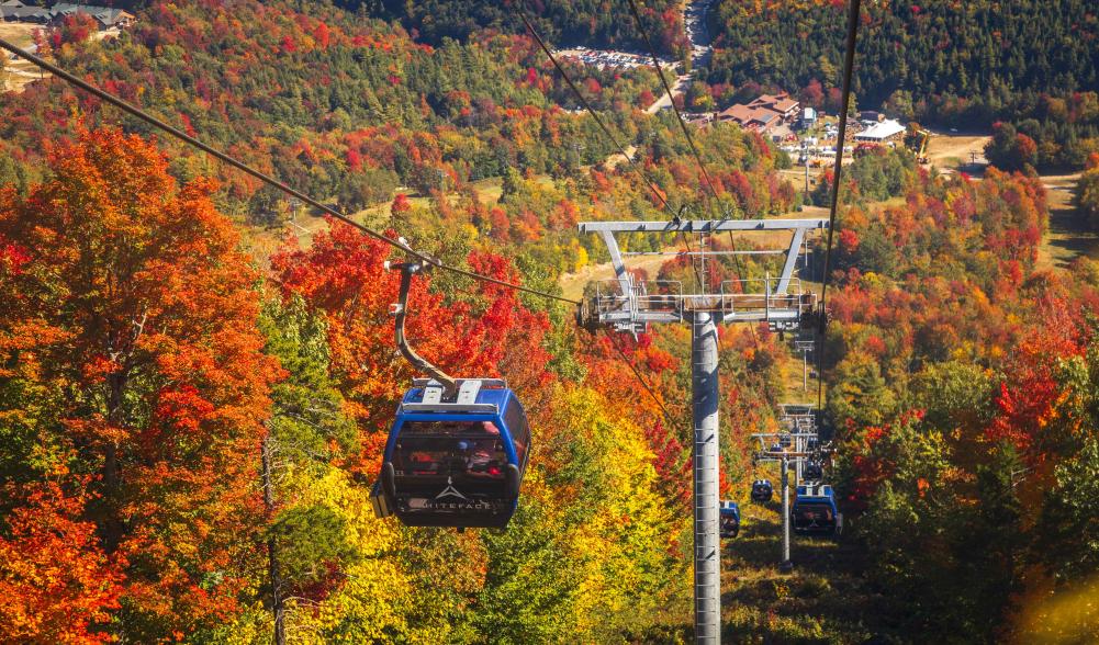 An aerial view of the Cloudspitter Gondola surrounded by autumn leaves and a view of Whiteface Lodge.