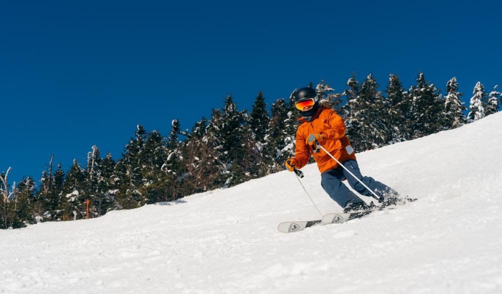 A skier races down a mountain.