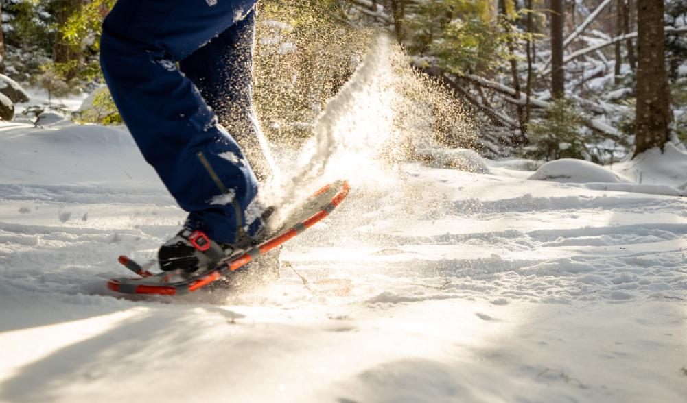 The close-up of a snowshoers' snowshoes