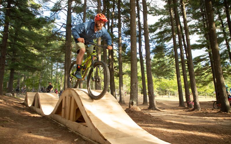 riding over wooded bump obsticles