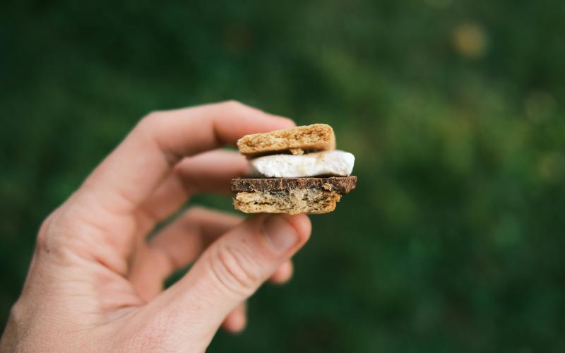 A close-up of a hand holding a s'more