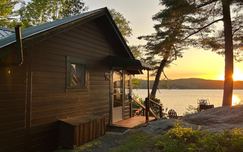 sunset over the lake from the cabin