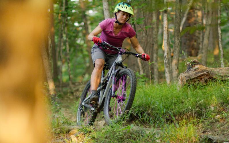 Mountain biker on a trail surrounded by bright green vegetation