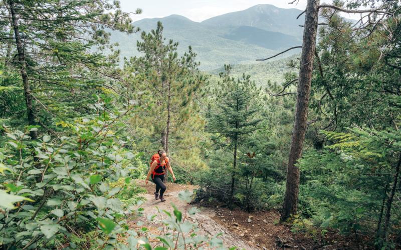 View of mountains with hiker approaching on trail