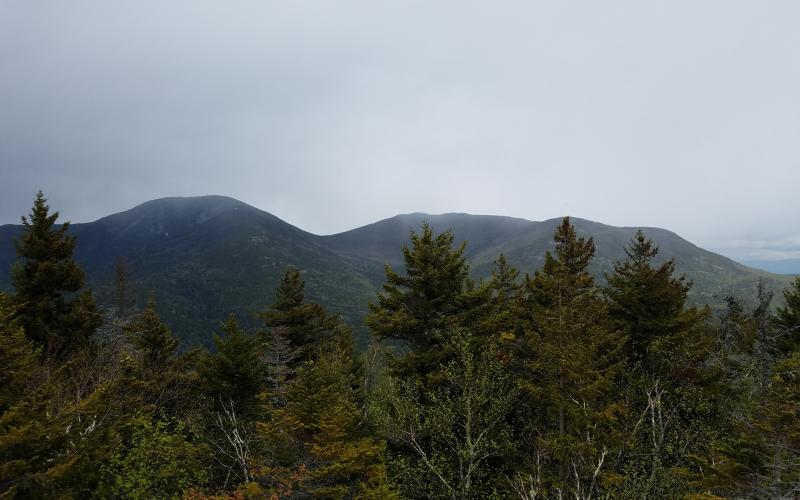 The view of a couple mountains over some trees