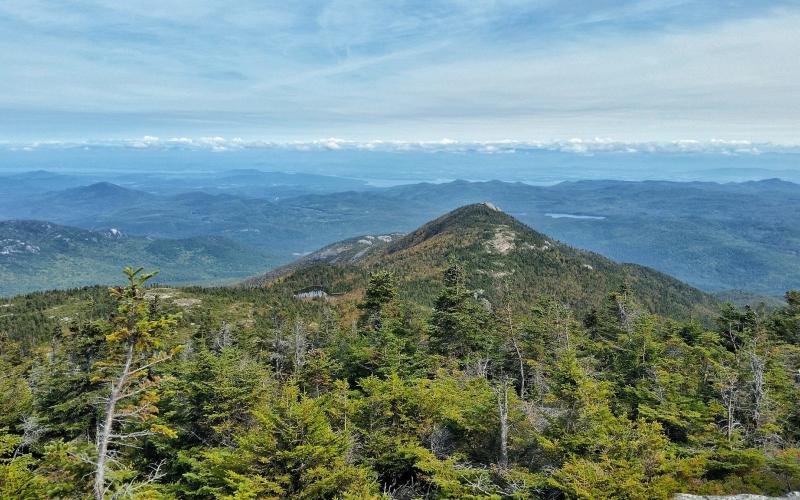 The view of a pointy mountain from above