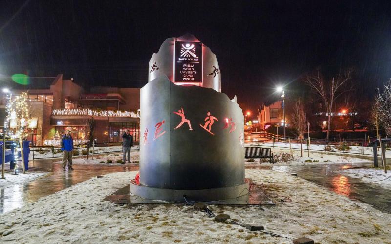 FISU World University Games metal cauldron lit up during winter