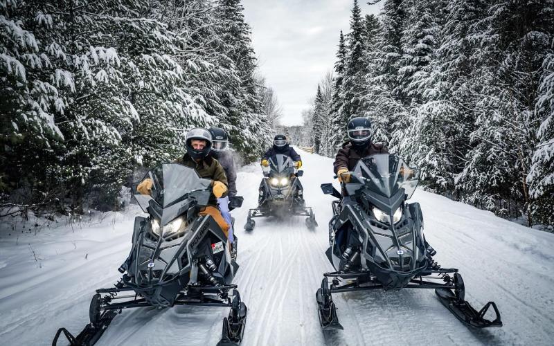 the fleet of Polaris machines riding down a freshly groomed trail lined with snow-covered pines