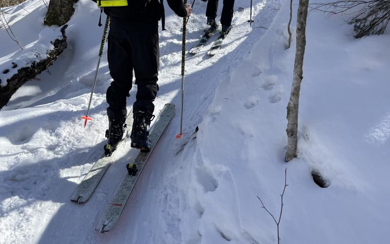 People traverse the snowy landscape on backcountry skis