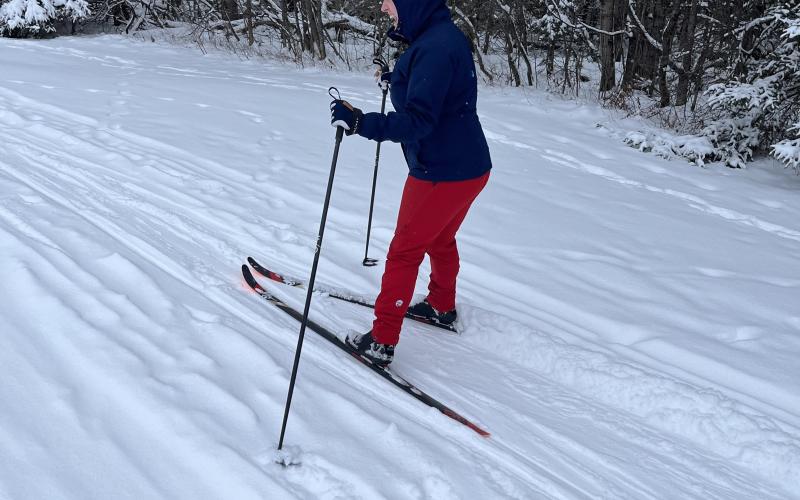 A new skier learns how to go cross country