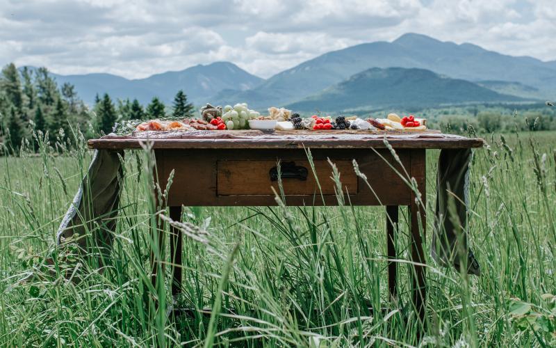 antique desk with flowers in the meadow with the high peaks in the background